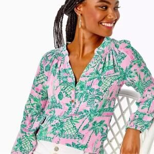 Lilly Pulitzer Elsa Silk Blouse Mandevilla Baby Pink Green Print Size Medium